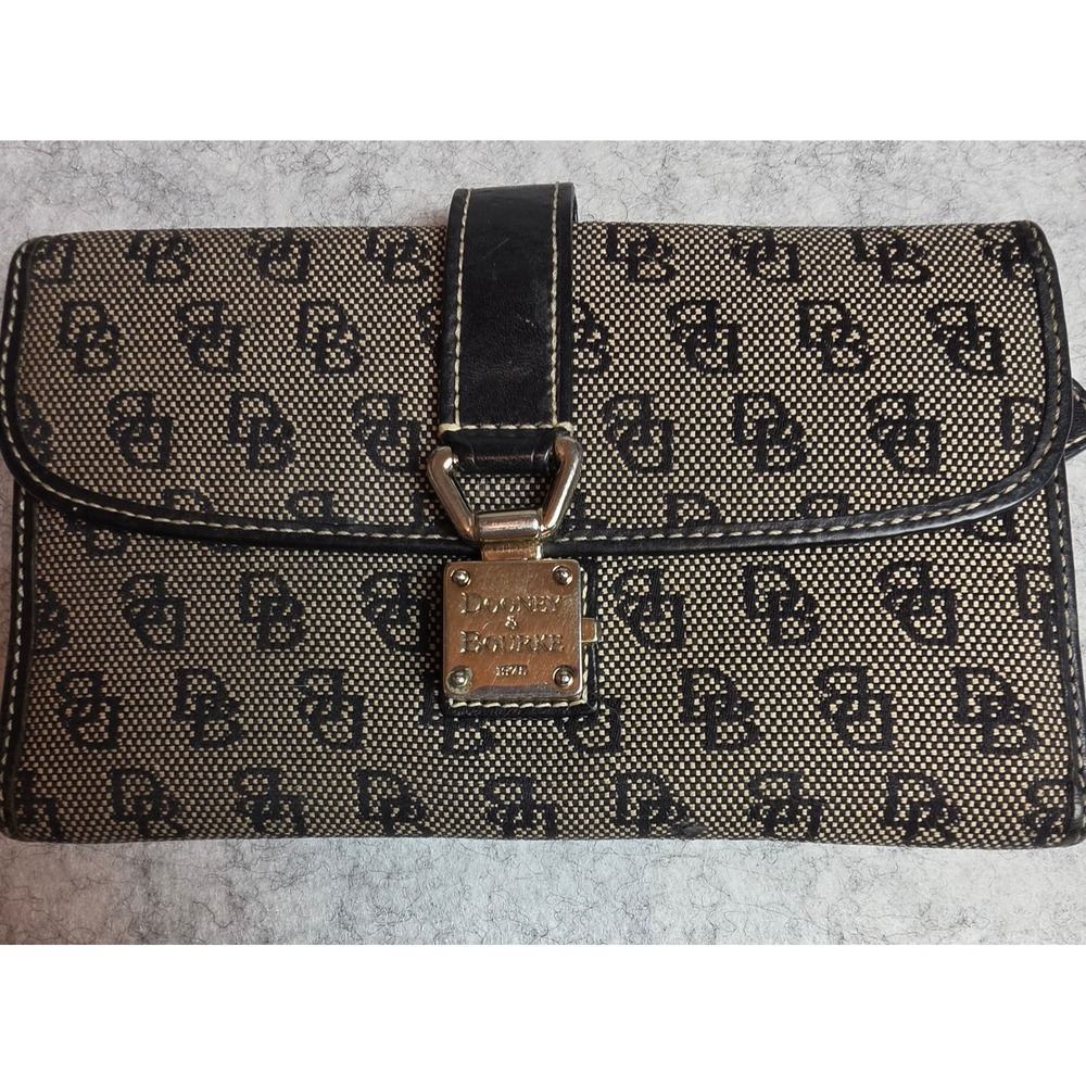 Dooney & Bourke Vintage Monogram Trifold Wallet Black Tan Signature Print
